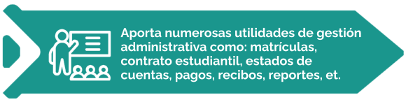 Aporta numerosas utilidades de gestión administrativa como: matrículas,  contrato estudiantil, estados de  cuentas, pagos, recibos, reportes, et.