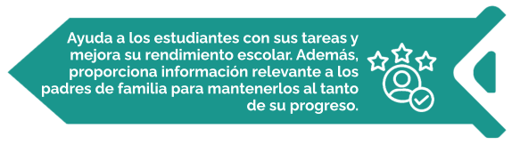 Ayuda a los estudiantes con sus tareas y mejora su rendimiento escolar. Además, proporciona información relevante a los padres de familia para mantenerlos al tanto de su progreso.