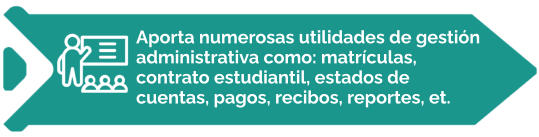 Aporta numerosas utilidades de gestión administrativa como: matrículas,  contrato estudiantil, estados de  cuentas, pagos, recibos, reportes, et.